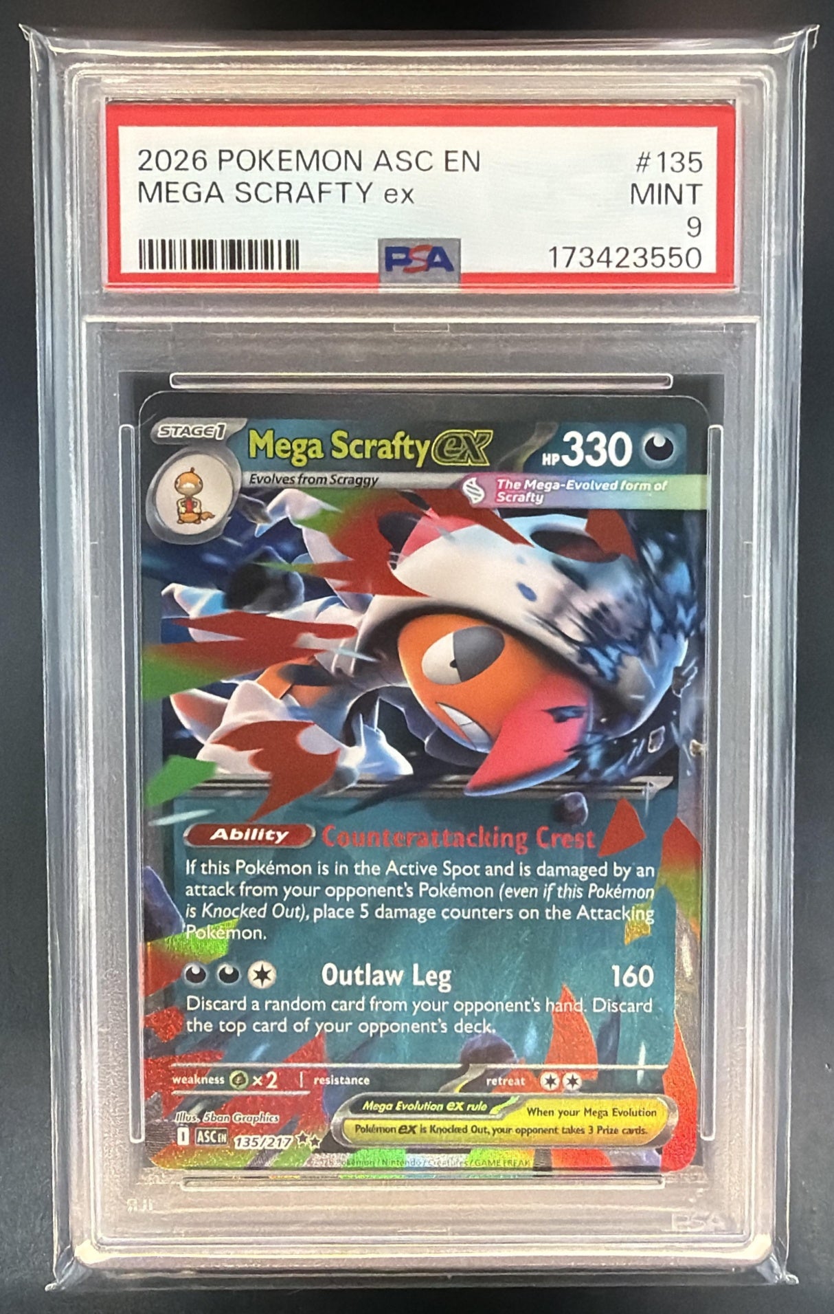 2026 Pokemon Ascended Heroes Mega Scrafty ex #135/217 Double Rare PSA 9 — front