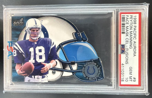 1998 Pacific Aurora Peyton Manning #9 Face Mask Cel Fusions RC Colts PSA 10 — front