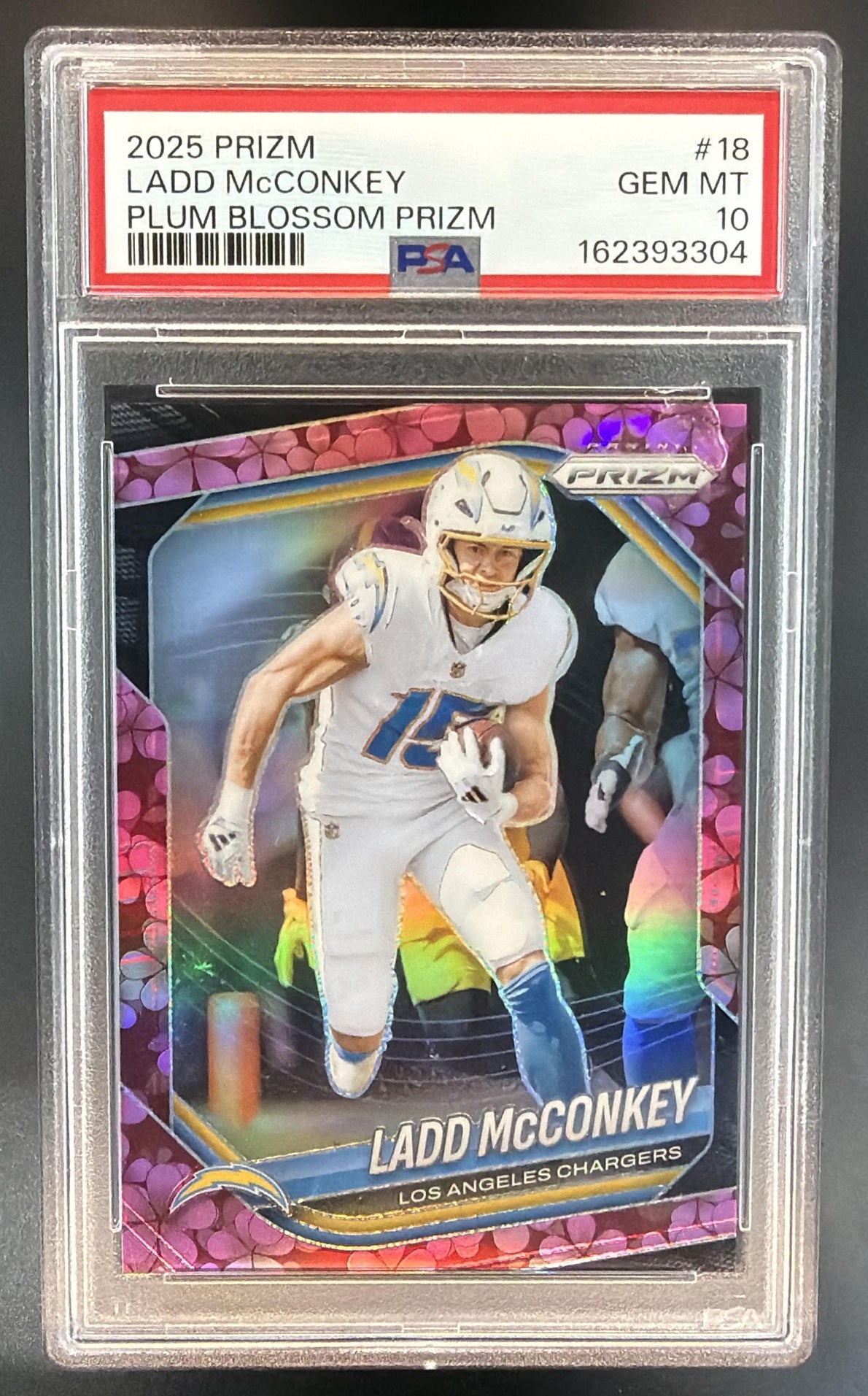 2025 Panini Prizm Ladd McConkey #18 Plum Blossom 8/8 Chargers PSA 10 — front
