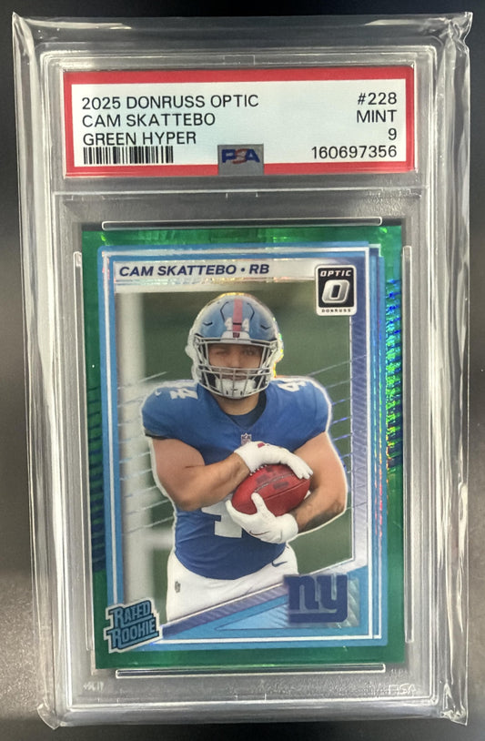 2025 Panini Donruss Optic Cam Skattebo #228 Rated Rookie Green Hyper Prizm PSA 9 — front