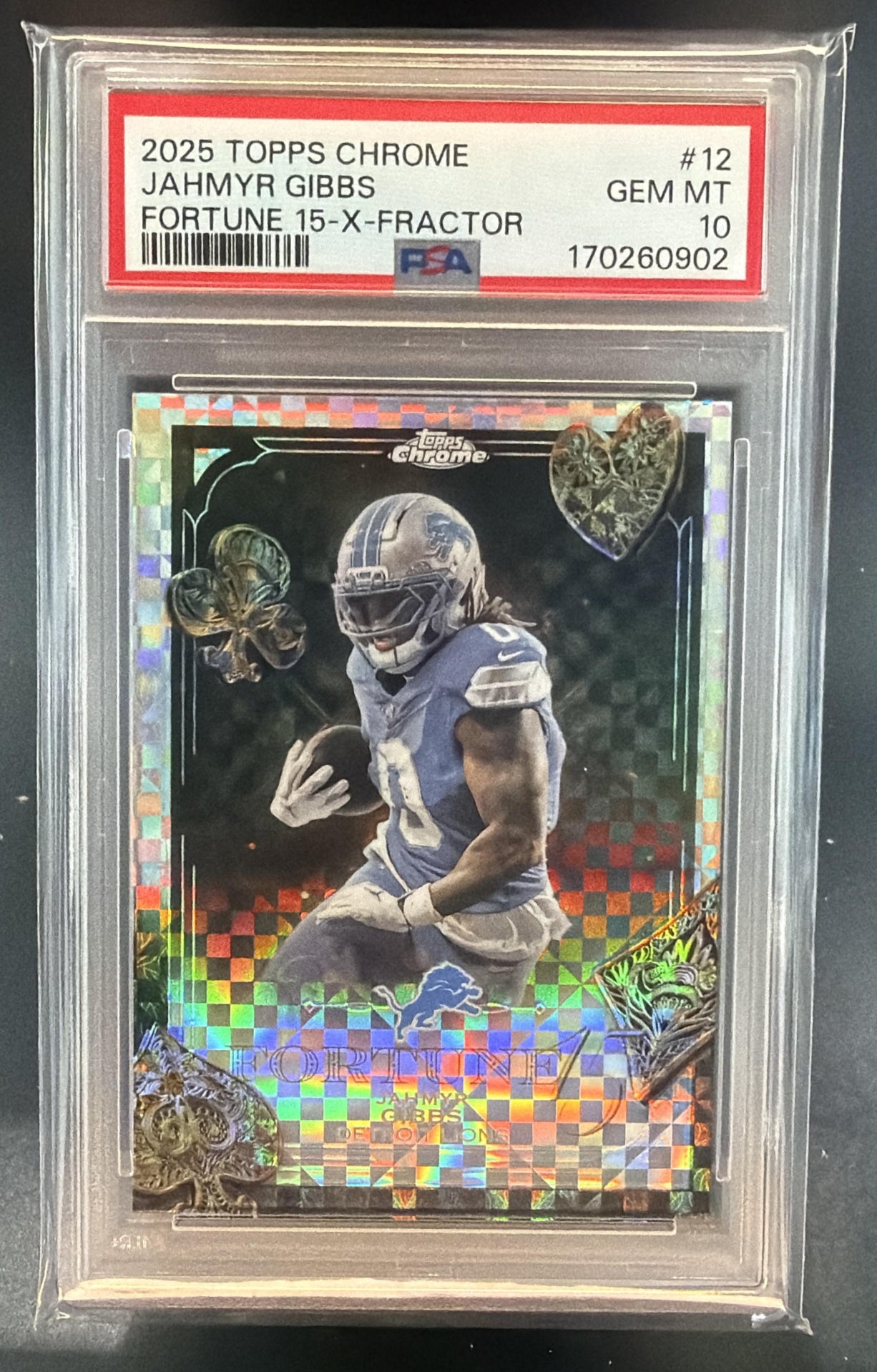 2025 Topps Chrome Jahmyr Gibbs #F15-12 Fortune 15 X-Fractor Lions PSA 10 — front