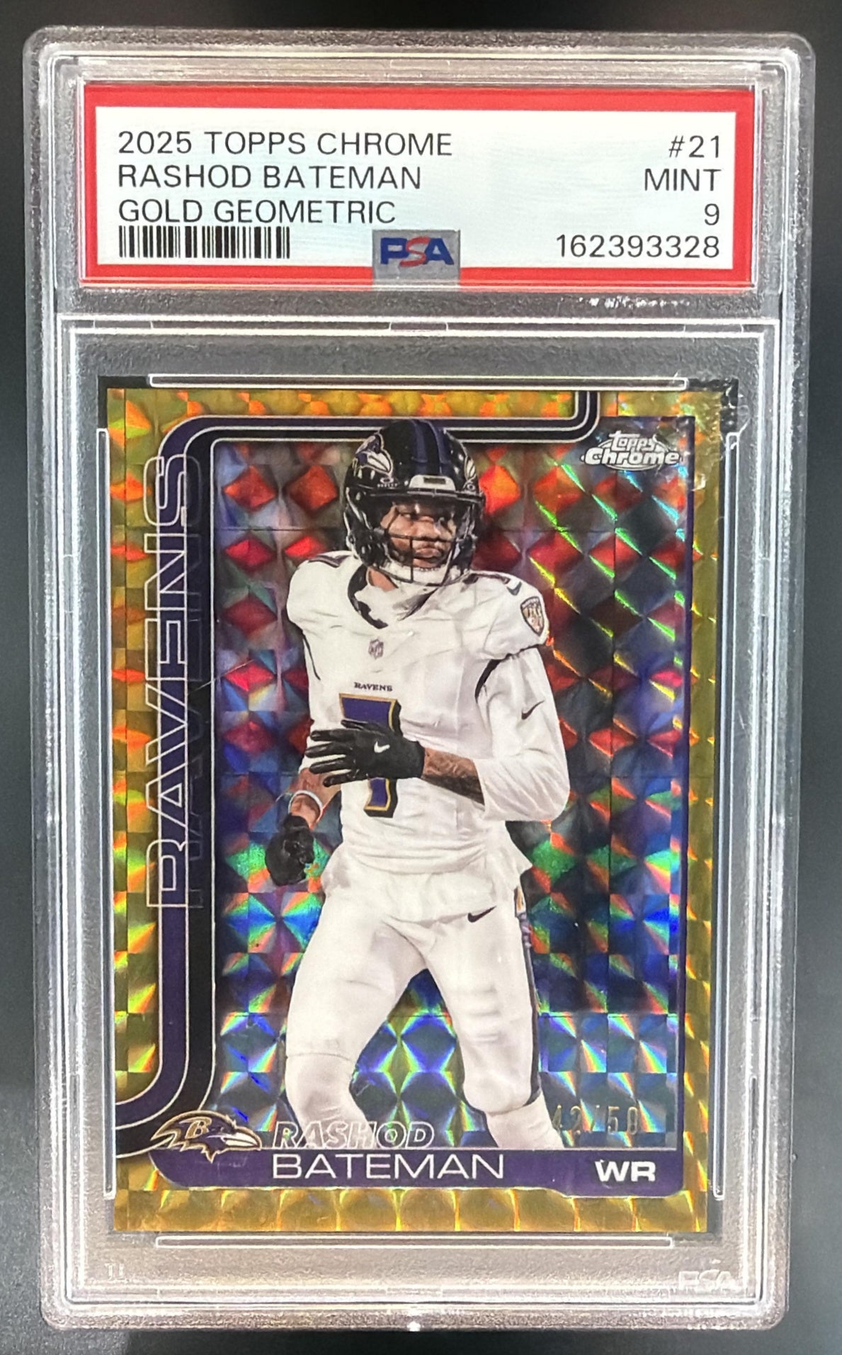 2025 Topps Chrome Rashod Bateman #21 Gold Geometric Refractor 42/50 Ravens PSA 9 — front