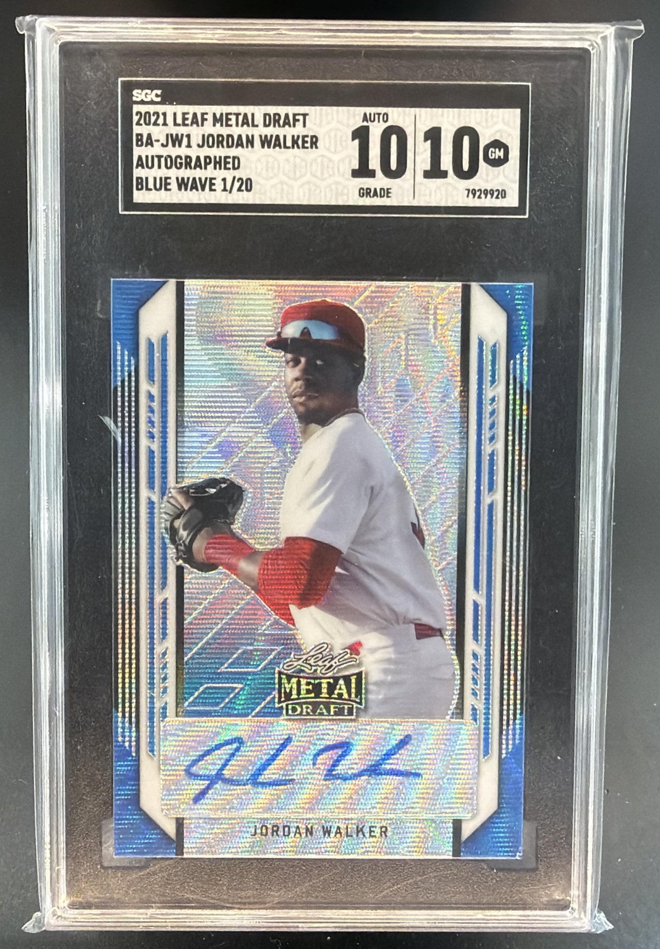 2021 Leaf Metal Draft Jordan Walker #BA-JW1 Blue Wave 1/20 Auto SGC 10 — front