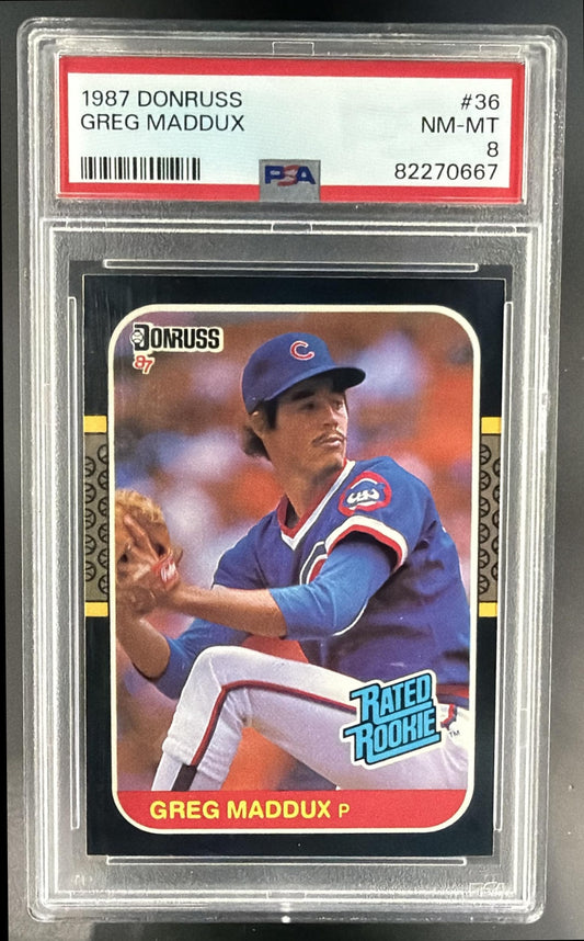 1987 Donruss Greg Maddux #36 RC Cubs PSA 8 — front
