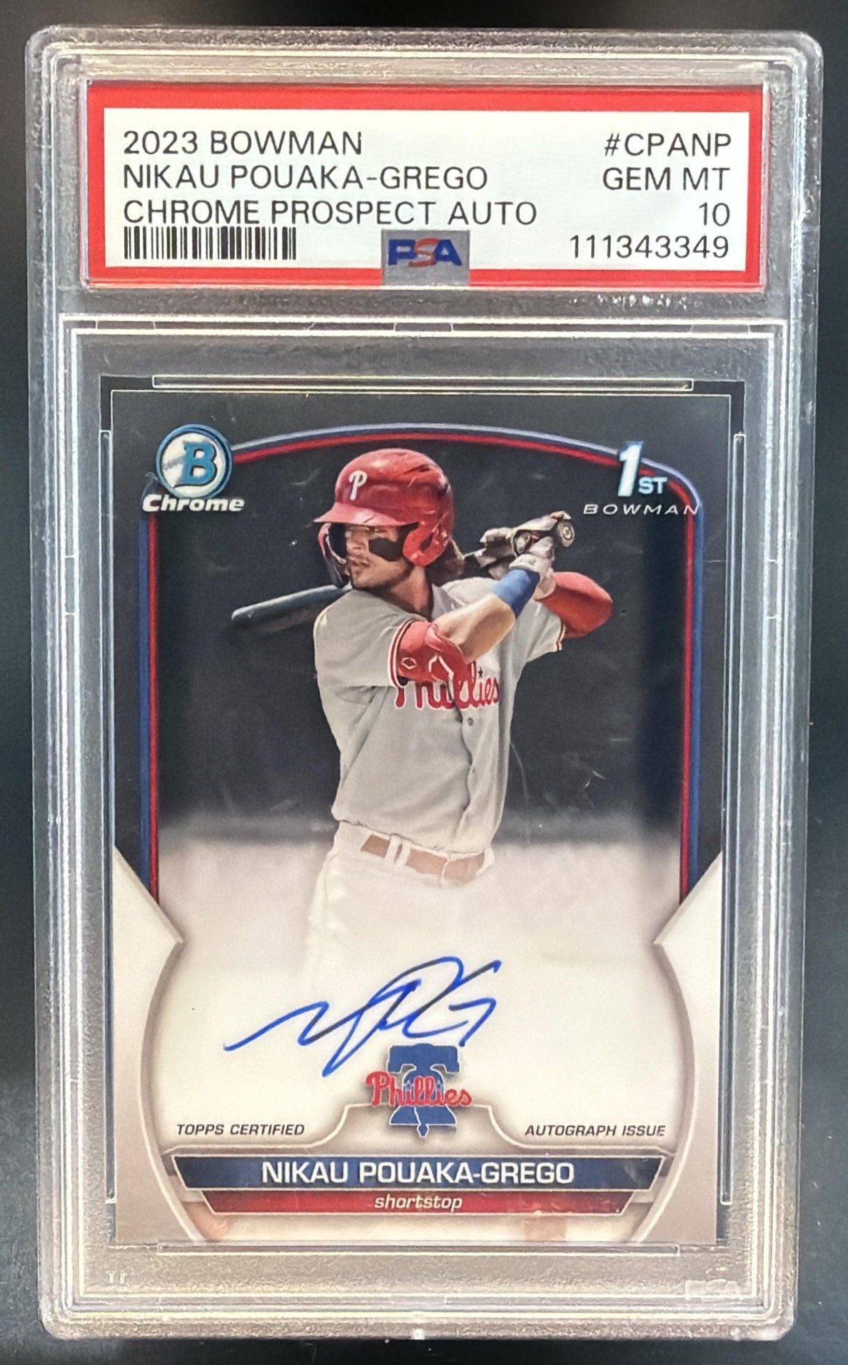 2023 Bowman Nikau Pouaka-Grego #CPA-NP Chrome Auto 1st Prospect Phillies PSA 10 — front