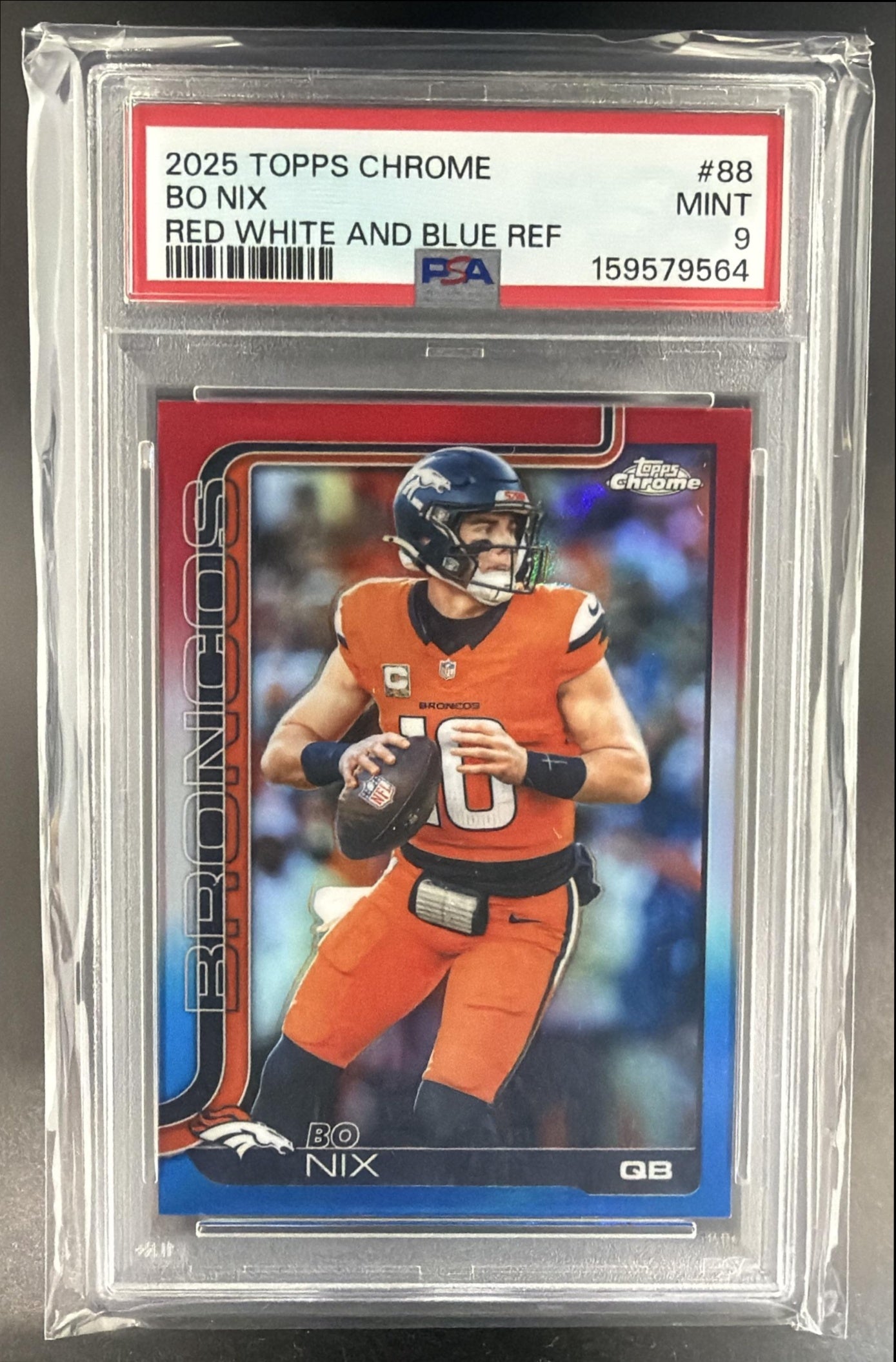 2025 Topps Chrome Bo Nix #88 Red/White/Blue Refractor Broncos PSA 9 — front