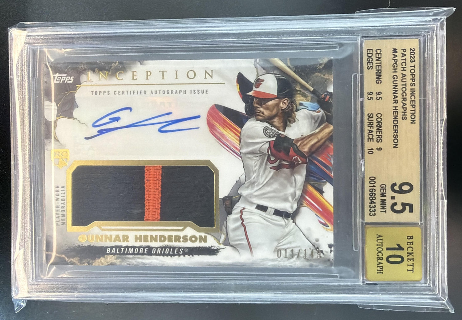 2023 Topps Inception Gunnar Henderson #IAP-GH Auto Patch /149 RC Orioles BGS 9.5 — front