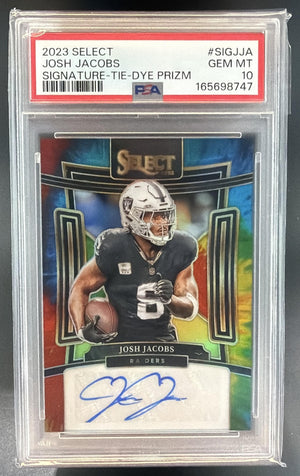 2023 Panini Select Josh Jacobs #SIG-JJA Signatures Tie Dye Prizm /25 Auto PSA 10