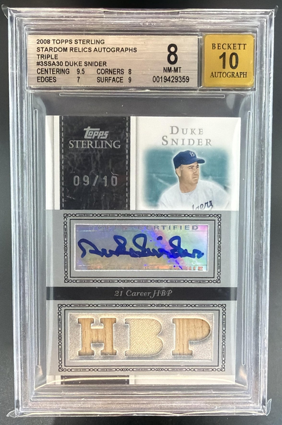 2008 Topps Sterling Duke Snider #3SSA-30 Stardom Relics Auto Triple /10 BGS 8 — front