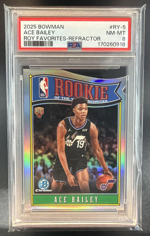 2025-26 Bowman Ace Bailey #RY-5 ROY Favorites Chrome Refractor RC Jazz PSA 8