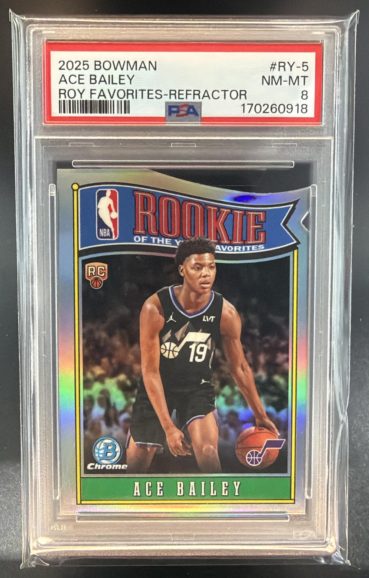 2025-26 Bowman Ace Bailey #RY-5 ROY Favorites Chrome Refractor RC Jazz PSA 8 — front