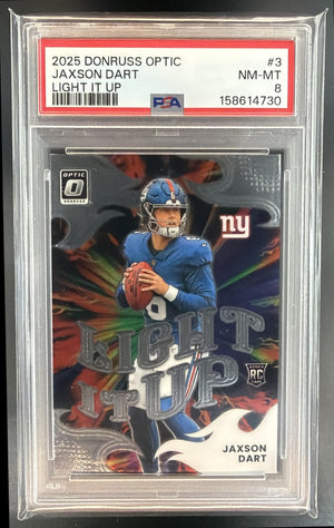 2025 Panini Donruss Optic Jaxson Dart #3 Light It Up RC Giants PSA 8