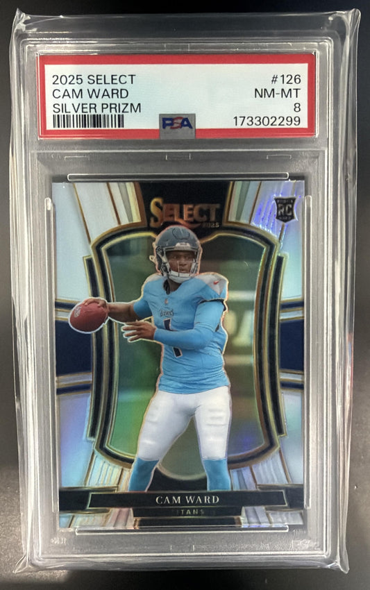 2025 Panini Select Cam Ward #126 Premier Level Silver Prizm RC Titans PSA 8 — front