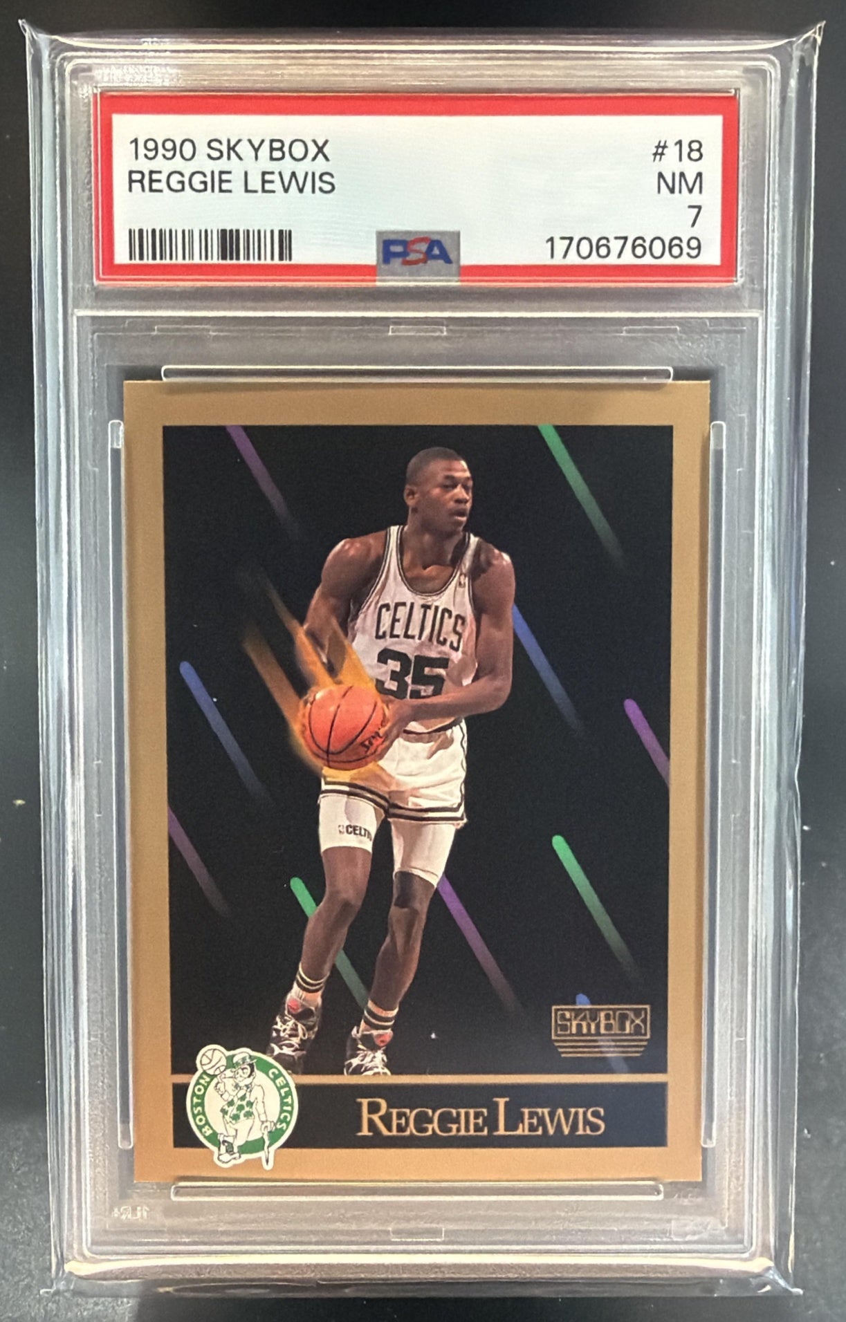 1990-91 Skybox Reggie Lewis #18 Celtics PSA 7 — front