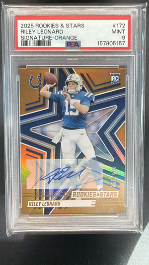 2025 Panini Rookies & Stars Riley Leonard Signatures Orange /199 RC Auto PSA 9