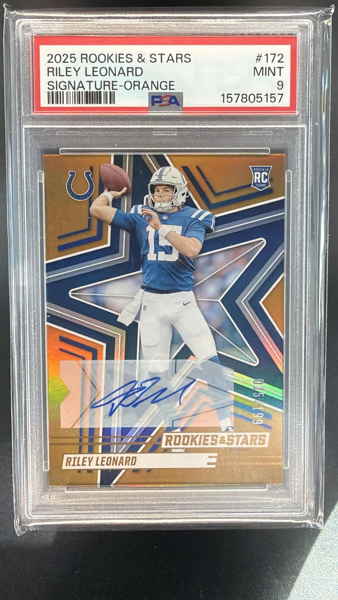 2025 Panini Rookies & Stars Riley Leonard Signatures Orange /199 RC Auto PSA 9 — front