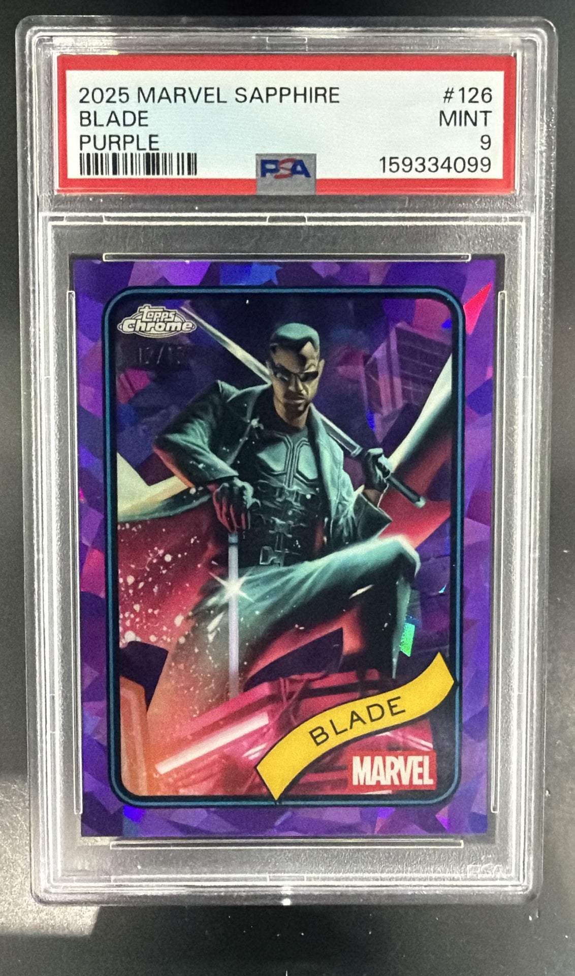2025 Topps Chrome Marvel Sapphire Blade #126 Purple Refractor /15 PSA 9 — front