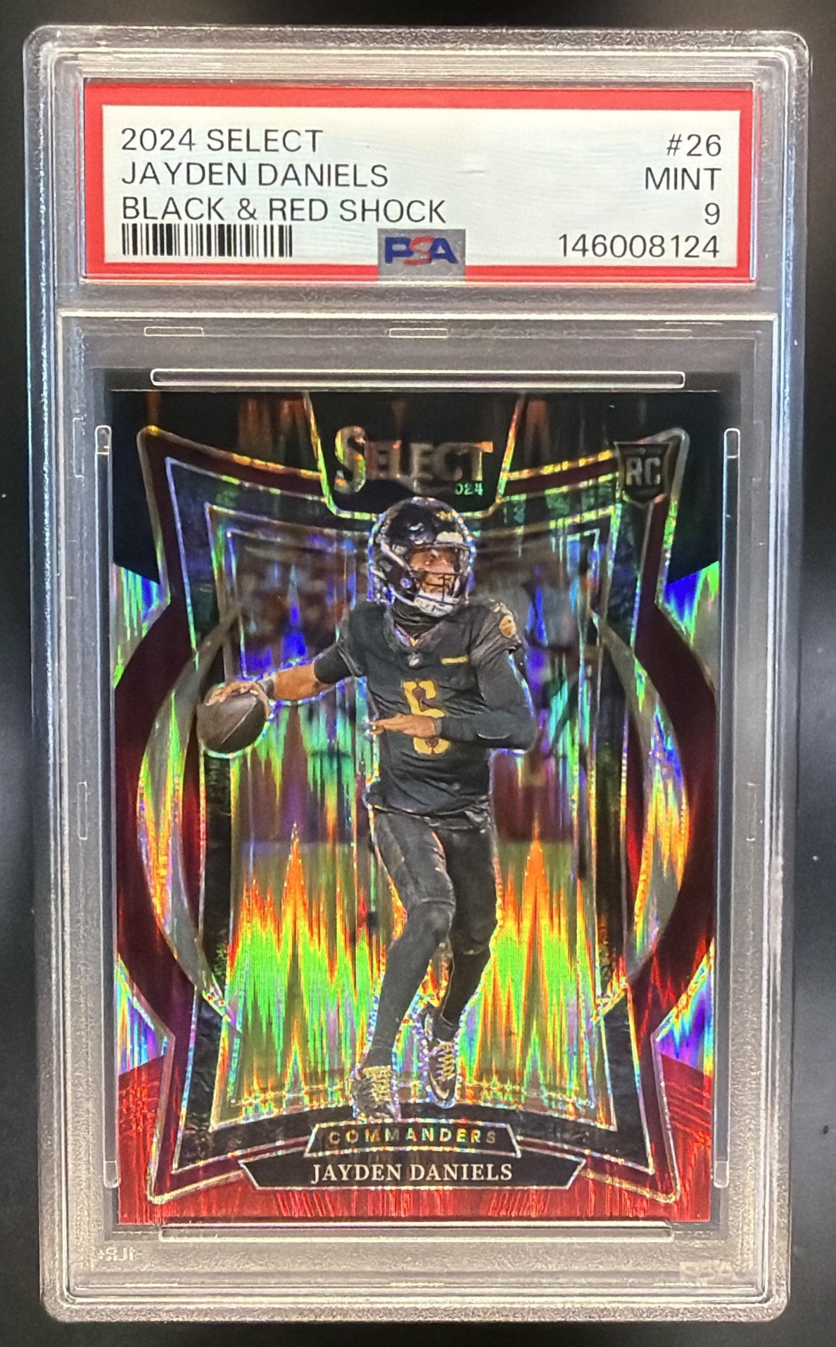 2024 Panini Select Jayden Daniels Concourse Black and Red Prizm Shock RC PSA 9 — front