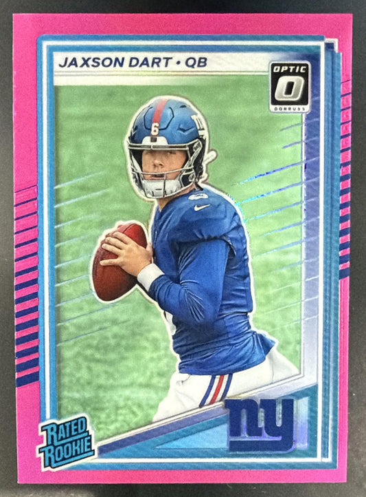 2025 Panini Donruss Jaxson Dart #400 Optic Rated Rookie Preview Pink RC Giants — front