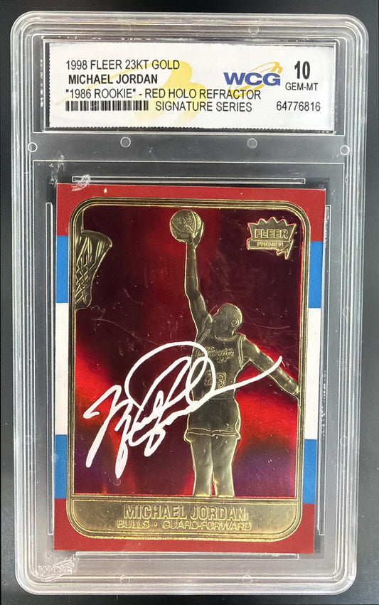 1997 Fleer 23KT Gold Michael Jordan Red Holographic Foil Facsimile Auto WCG 10 — front