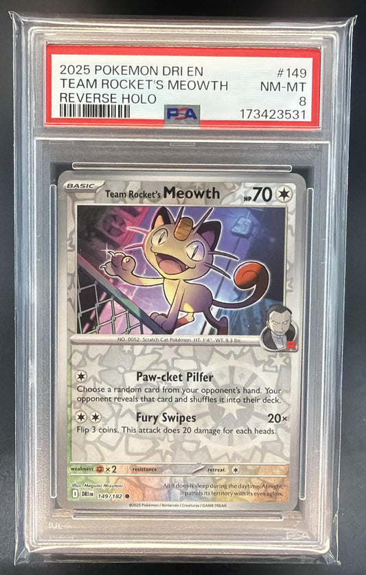 2025 Pokemon Destined Rivals Team Rocket's Meowth Promos Cosmos Holofoil PSA 8 — front