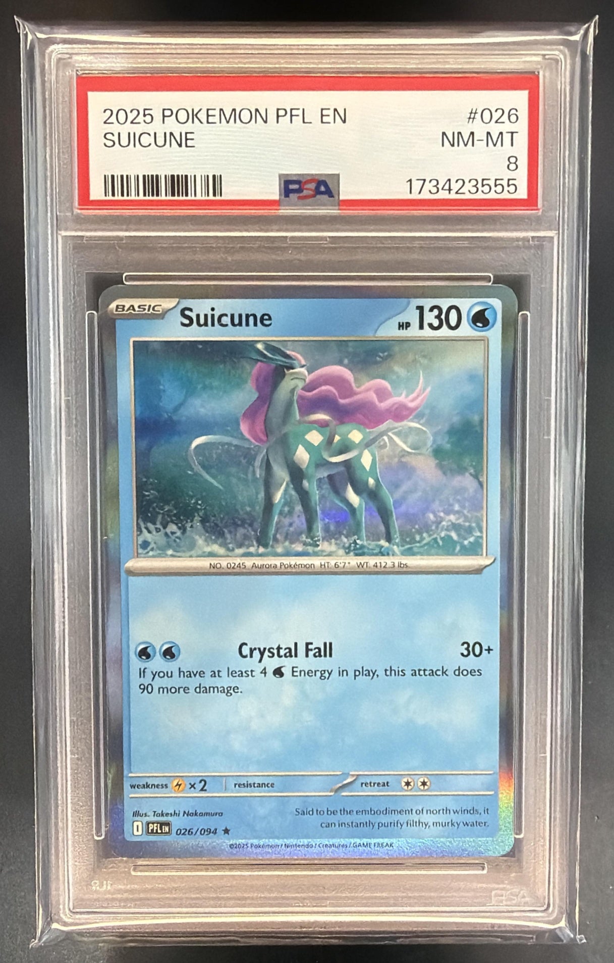 2025 Pokemon Phantasmal Flames Suicune #026/094 Rare PSA 8 — front