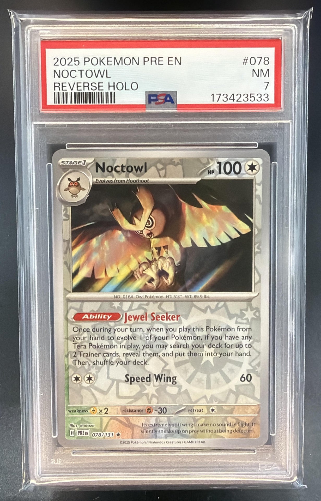 2025 Pokemon Prismatic Evolutions Noctowl #078/131 Reverse Holo PSA 7 — front