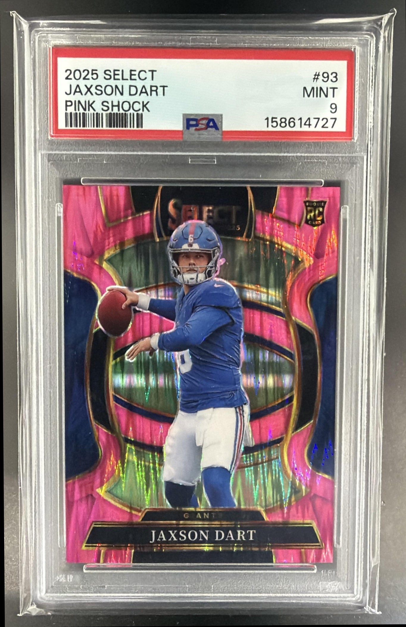 2025 Panini Select Jaxson Dart #93 Concourse Pink Prizm Shock RC Giants PSA 9 — front