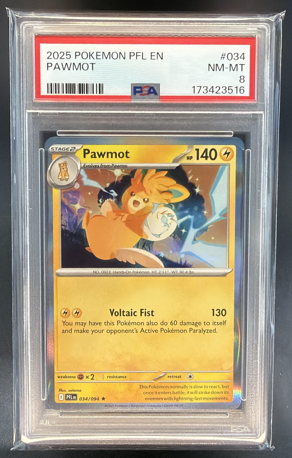2025 Pokemon Phantasmal Flames Pawmot #034/094 Rare PSA 8 — front