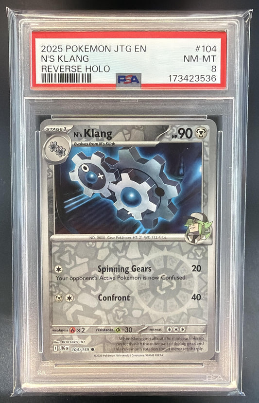 2025 Pokemon Journey Together N's Klang #104/159 Reverse Holo PSA 8 — front