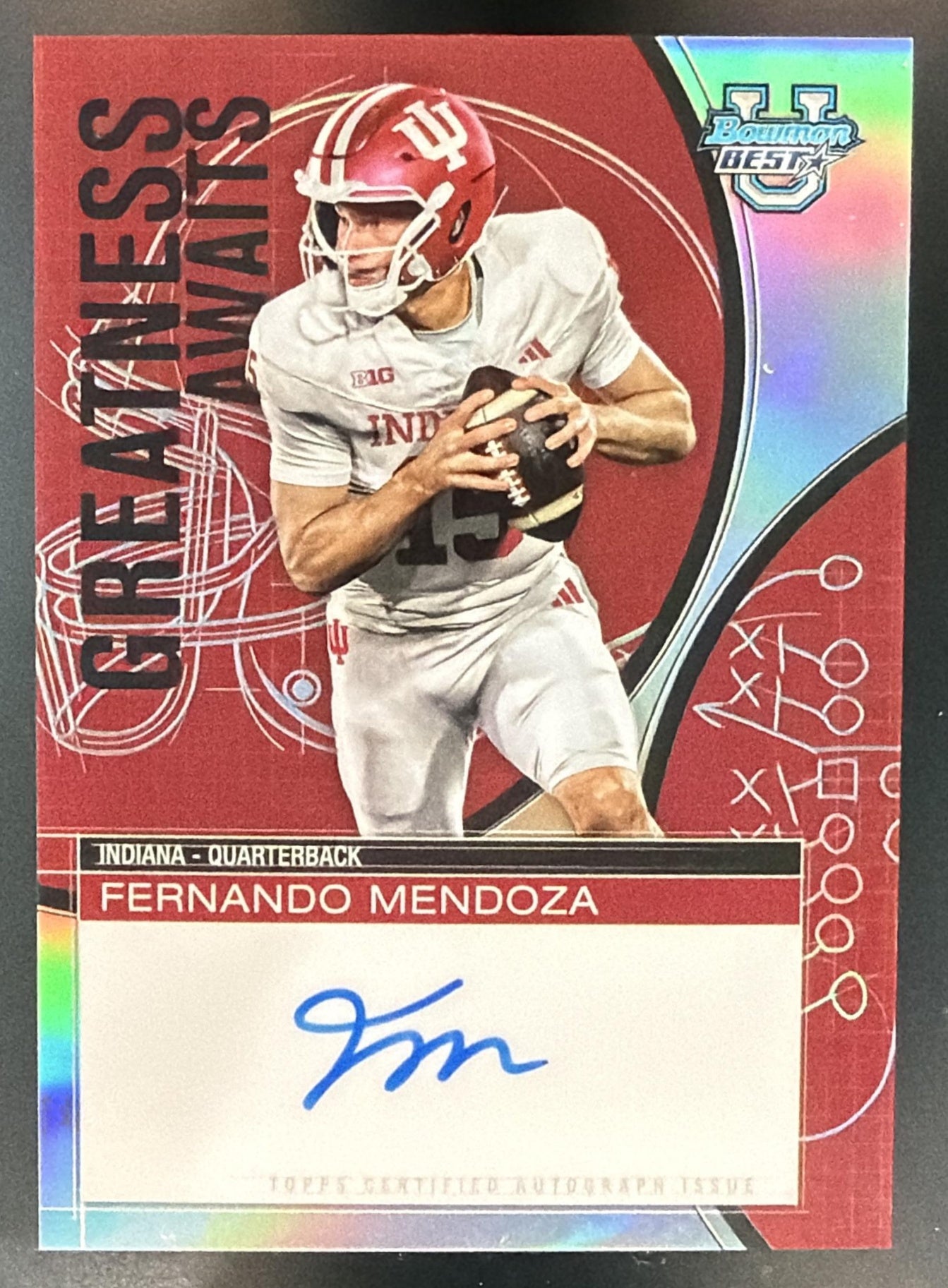 2025 Bowman Best University Fernando Mendoza #GA-FM Greatness Awaits Auto — front
