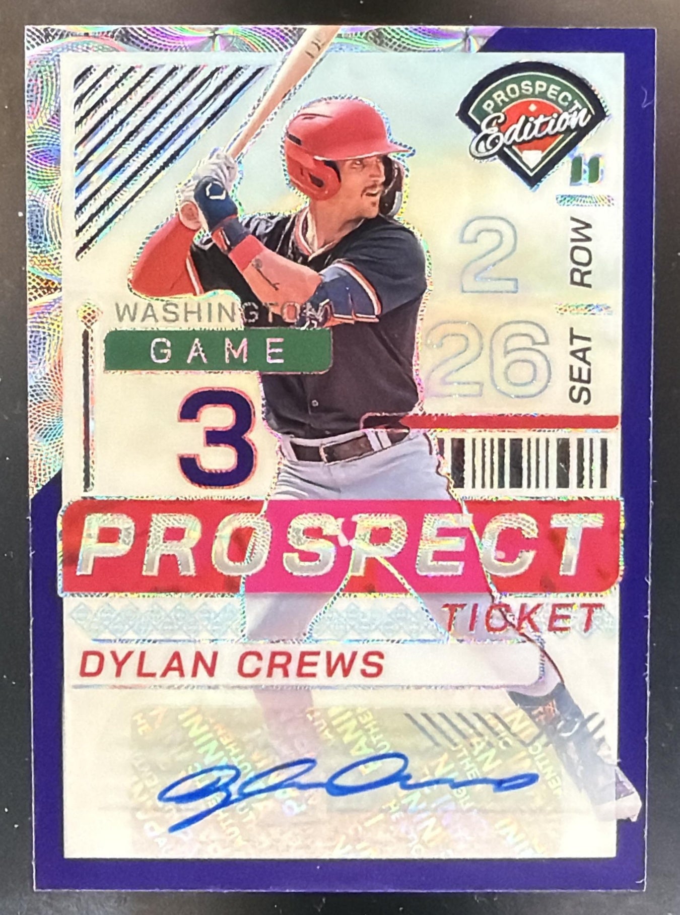 2024 Prospect Edition Dylan Crews Holo Ticket Signatures Purple Scope /49 Auto — front