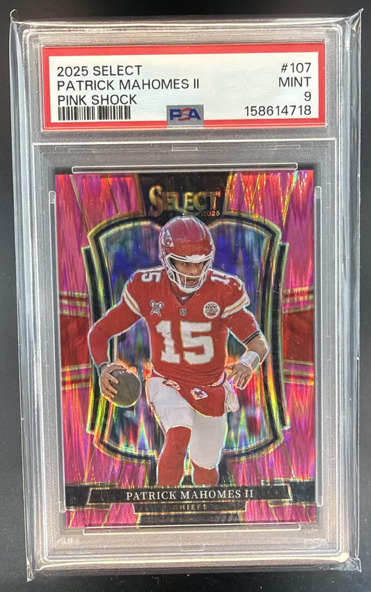 2025 Panini Select Patrick Mahomes II #107 Premier Level Pink Prizm Shock PSA 9 — front