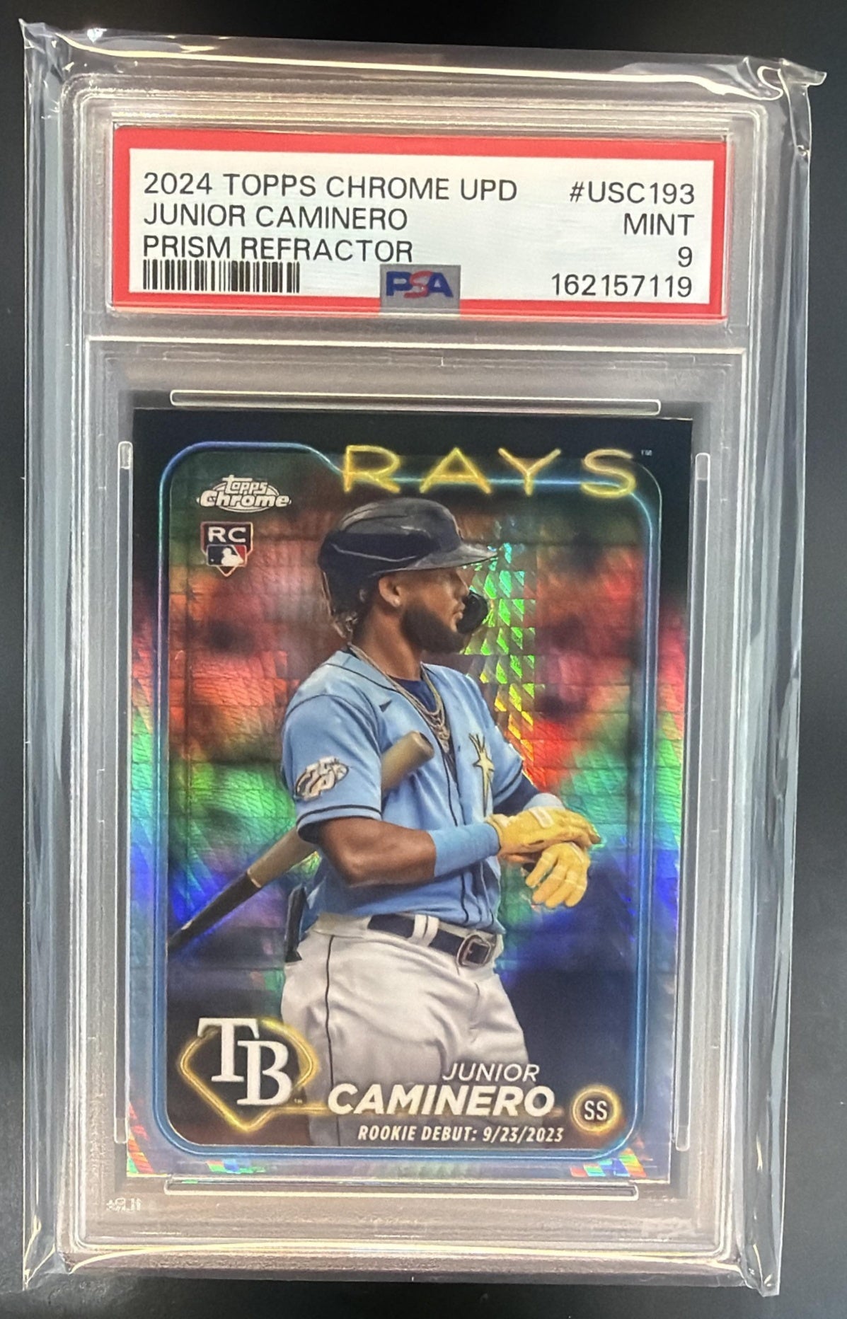 2024 Topps Chrome Update Junior Caminero #USC193 Prism Refractor RC Rays PSA 9 — front