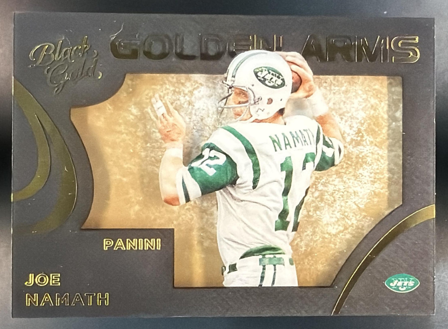 2015 Panini Black Gold Joe Namath #GA-16 Golden Arms 6/199 Jets — front