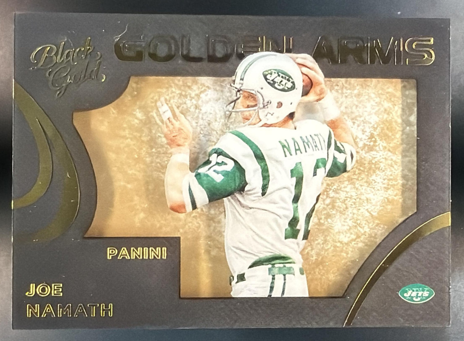 2015 Panini Black Gold Joe Namath #GA-16 Golden Arms 6/199 Jets — front