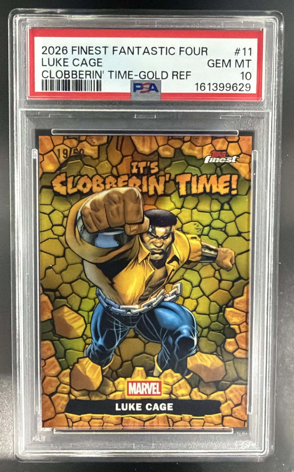 2026 Topps Marvel Finest Fantastic Four Luke Cage Clobberin Time Gold /50 PSA 10 — front
