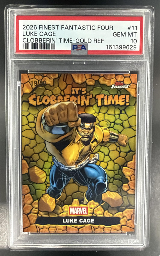 2026 Topps Marvel Finest Fantastic Four Luke Cage Clobberin Time Gold /50 PSA 10 — front