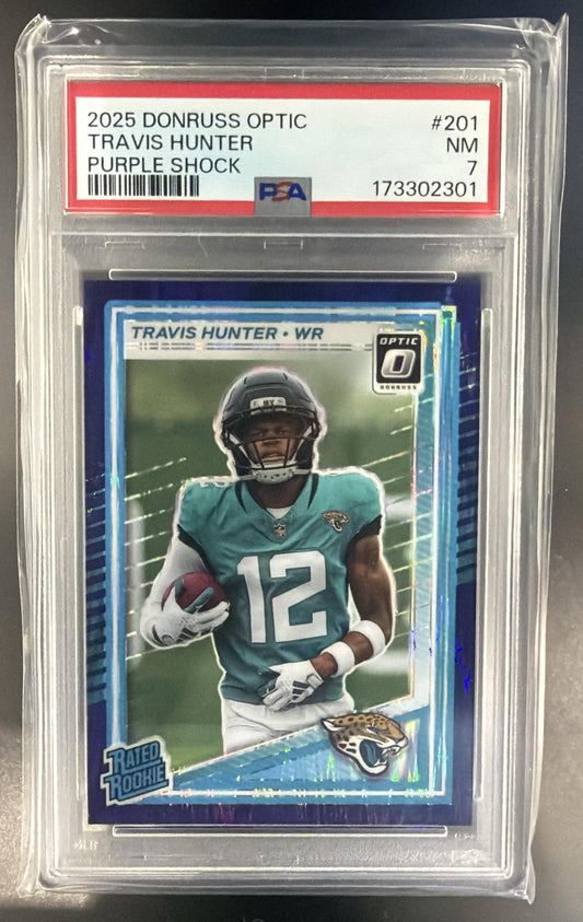 2025 Panini Donruss Optic Travis Hunter Rated Rookie Purple Shock Prizm PSA 7 — front