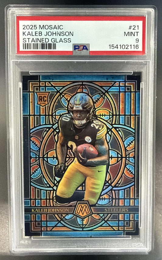 2025 Panini Mosaic Kaleb Johnson #21 Stained Glass RC Steelers PSA 9 — front