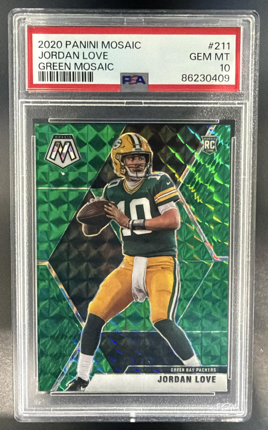 2020 Panini Mosaic Jordan Love #211 Prizm Green RC Packers PSA 10 — front