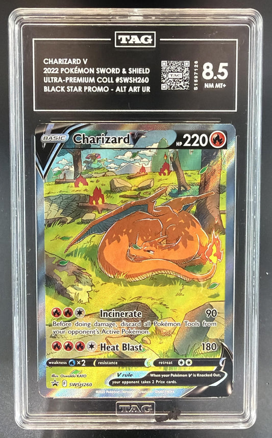 Pokemon Sword & Shield Black Star Promos Charizard V #SWSH260 2022 TAG 8.5 — front