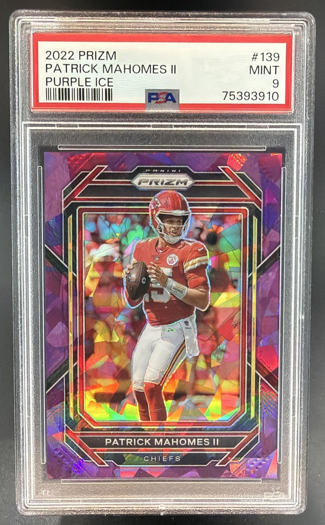 2022 Panini Prizm Patrick Mahomes II #139 Purple Ice 65/225 Chiefs PSA 9 — front
