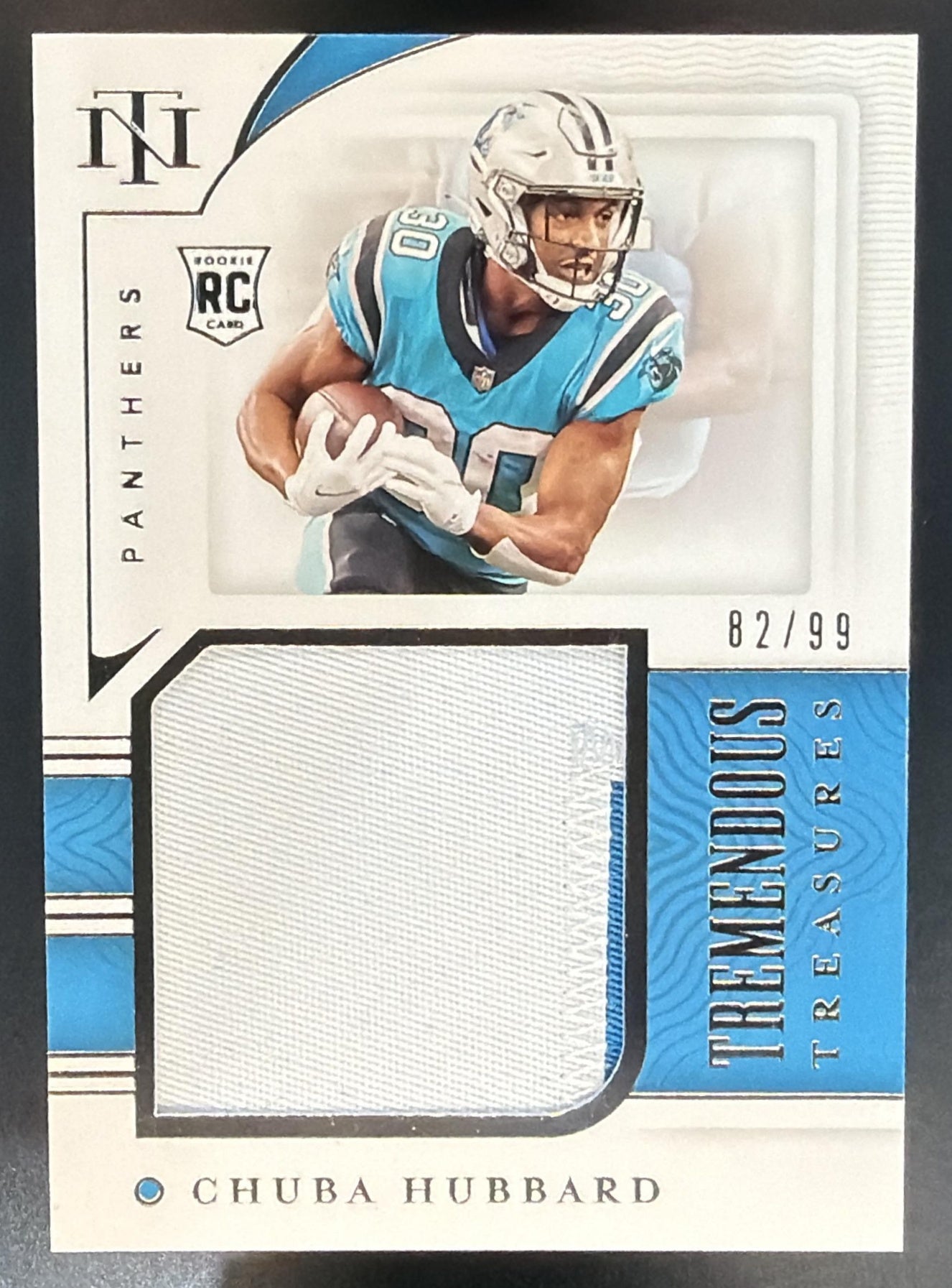2021 Panini National Treasures Chuba Hubbard Tremendous Rookies /99 MEM RC — front