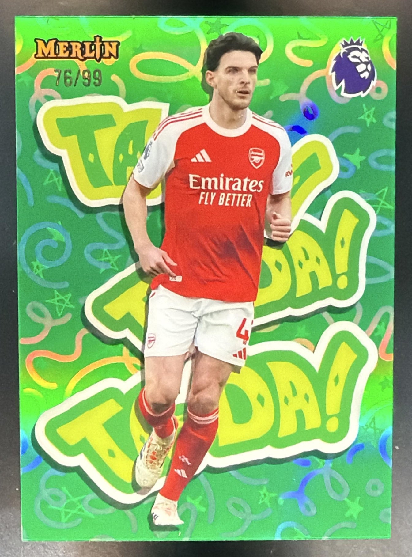 2026 Topps Merlin Premier League Declan Rice #TD-4 Ta-Da Green Refractor /99 — front