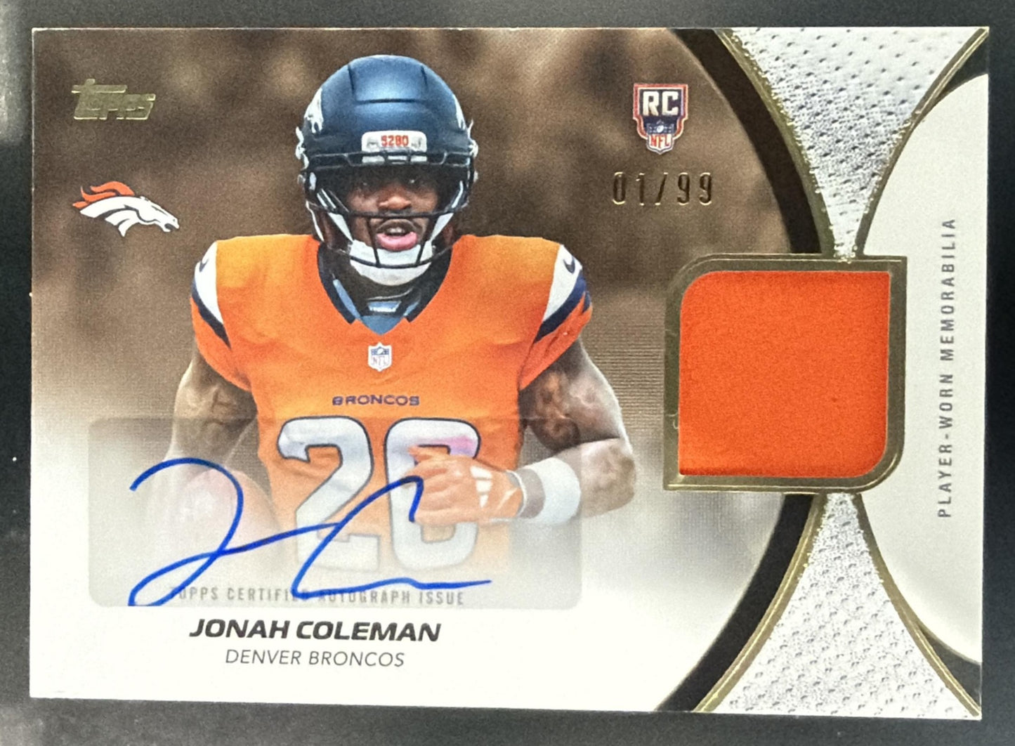 2026 Topps Jonah Coleman #NFLRMA-JC NFL Rookie Material Auto 01/99 MEM RC SSP — front