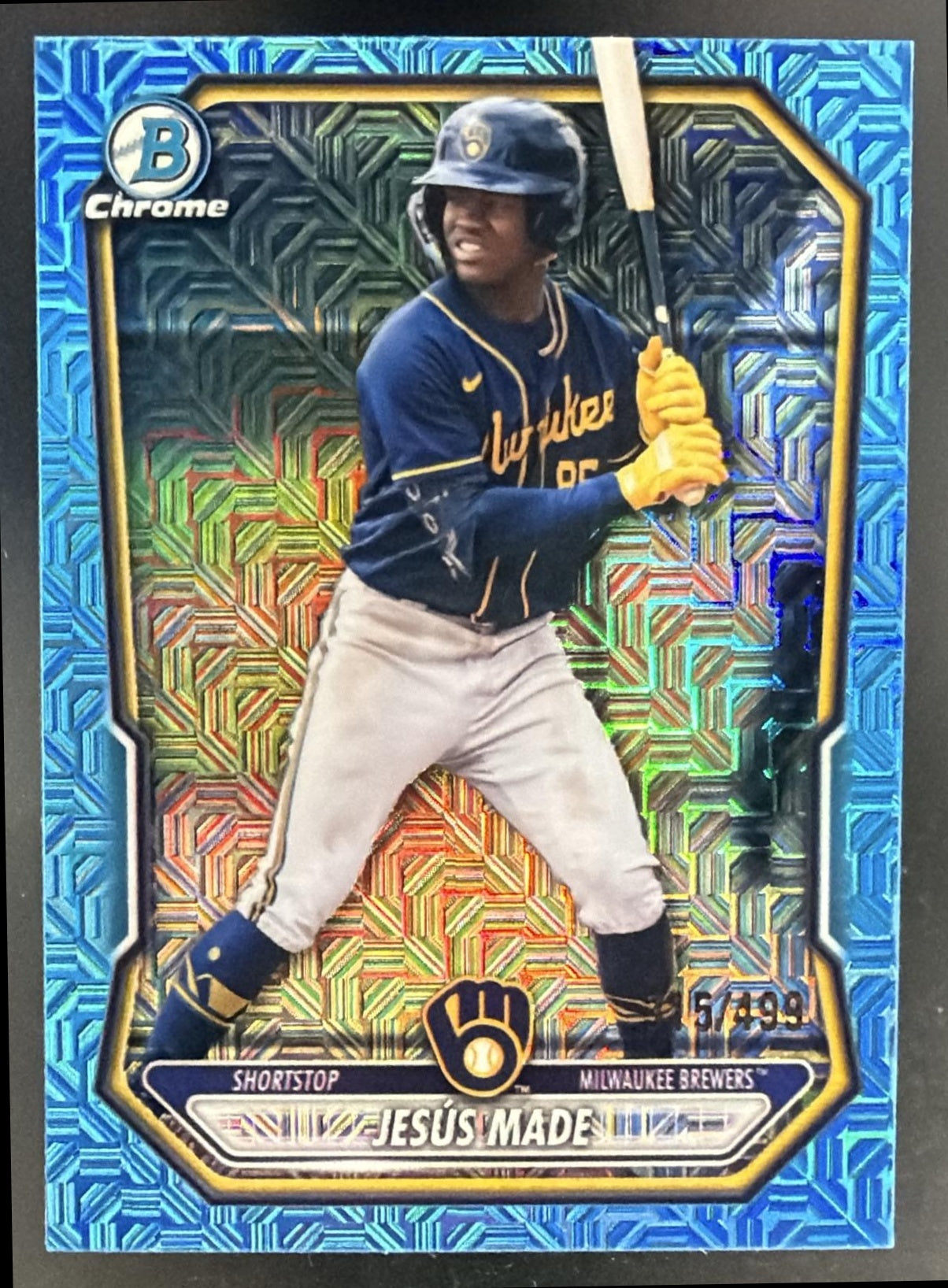 2026 Bowman Mega Box Jesus Made Chrome Prospects Sky Blue Mojo Refractor /499 — front
