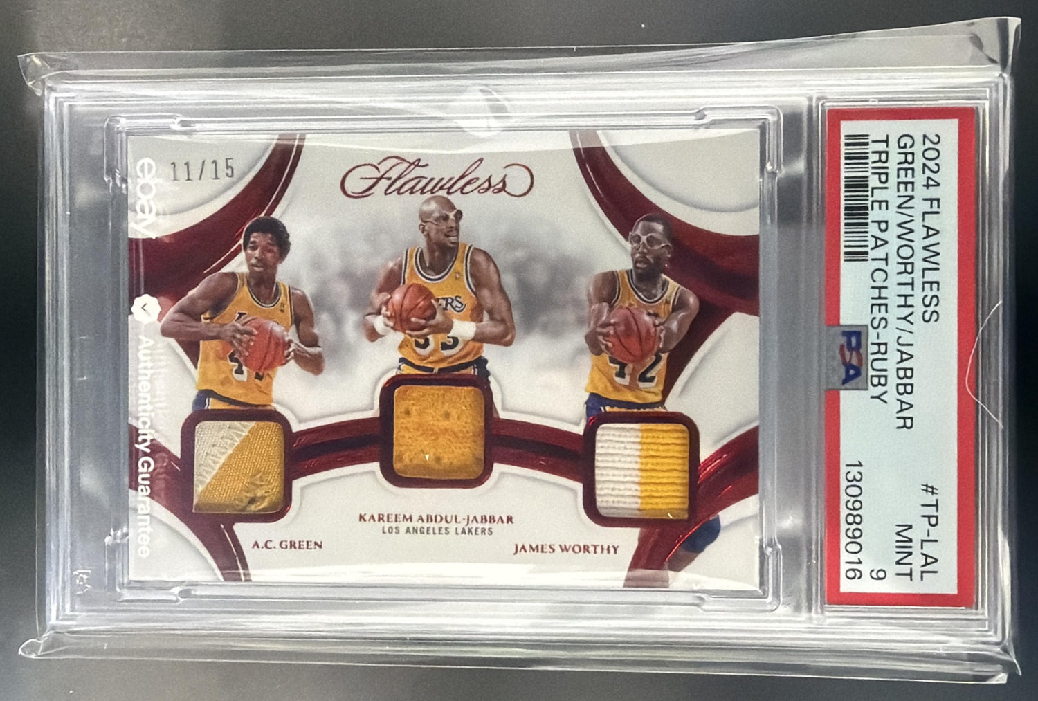 2024 Flawless Green Worthy Kareem Abdul-Jabbar Triple Patches Ruby /15 MEM PSA 9 — front