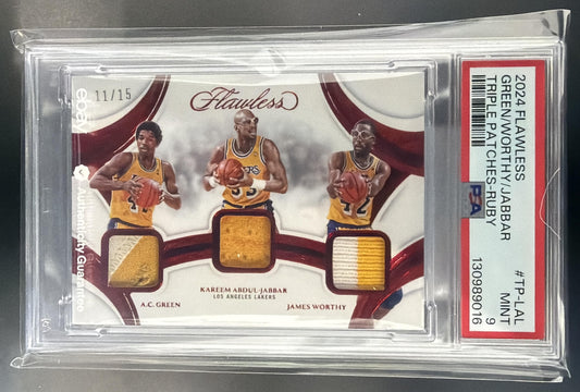 2024 Flawless Green Worthy Kareem Abdul-Jabbar Triple Patches Ruby /15 MEM PSA 9 — front