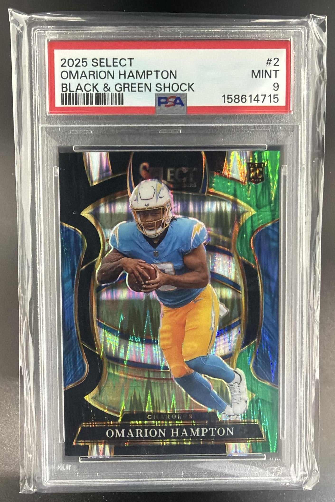 2025 Panini Select Omarion Hampton Concourse Black & Green Prizm Shock RC PSA 9 — front